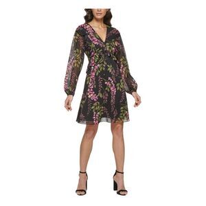 KENSIE Womens Black Lined Tie Long Sleeve Above The Knee Empire Waist Dress 0